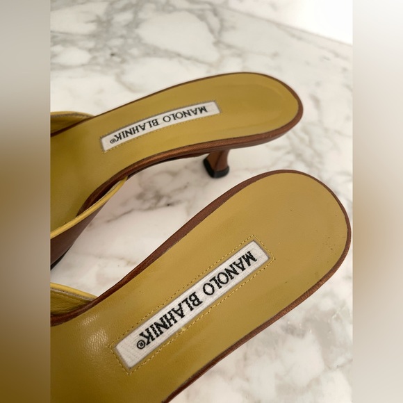 Manolo Blahnik Chartreuse Chocolate Leather Kitten Heels Size 37 - Picture 5 of 12